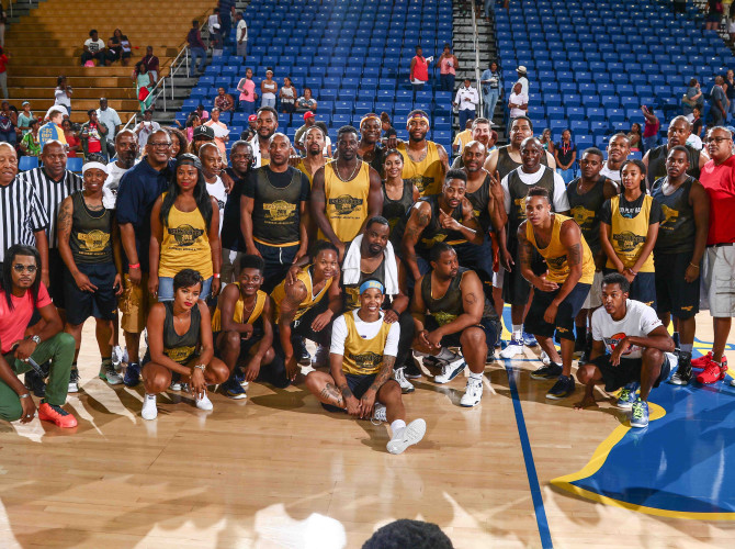 Celebrities and players pose for a group photo after the conclusion of The 14th annual Duffy's Hope Celebrity Basketball Game Saturday, August 06, 2016, at The Bob Carpenter Sports Convocation Center, in Newark, DEL.    Proceeds will benefit The Non-Profit Organization Duffy's Hope Youth Programming.